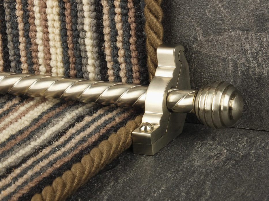 Sphere stair rods polished brass on green striped runner