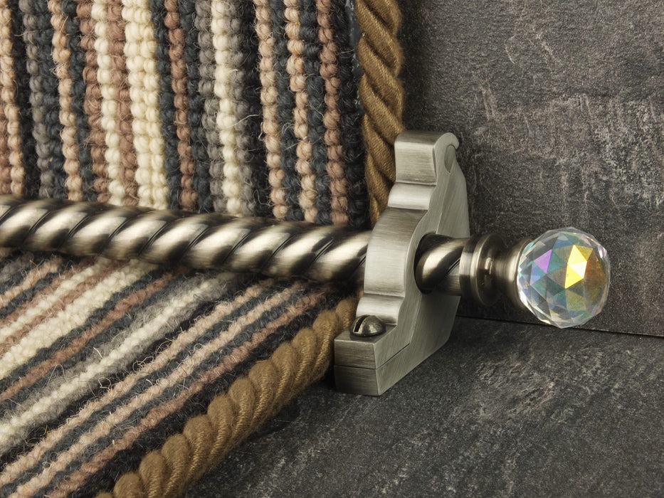 Crystal ended stair rods with chrome trim on grey fleck stair runner